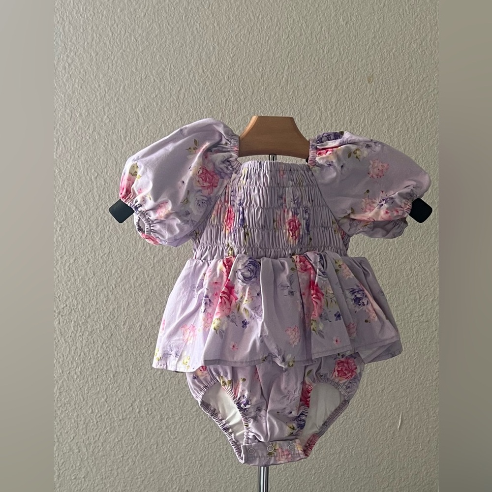 Lilac Floral Smocked Puff-Sleeve Baby Dress with Bloomers